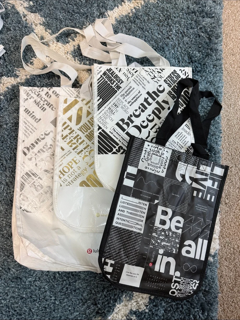 lululemon athletica Graphic Reusable Tote Bags – Black, White, Cream, Gold